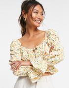Glamorous Square Neck Blouse With Shirred Waist In Ditsy Floral-white