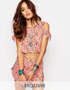 Milk It Vintage Festival Crop Top With Cold Shoulder In Ditsy Floral Print Co-ord - Pink