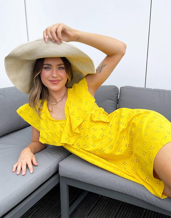 Asos Design Broderie V Frill Over Layer Dress In Bright Yellow