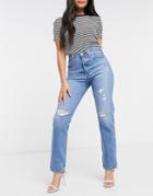 Levi's 501 High Rise Rip Knee Straight Leg Crop Jeans With Rips In Mid Was Blue-blues