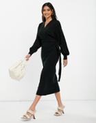 Pretty Lavish Beau Wrap Knit Dress With Tie Waist In Black