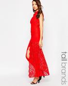 Jarlo Tall High Neck Lace Maxi Dress - Red
