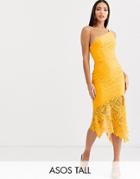 Asos Design Tall One Shoulder Grid Lace Midi Dress - Yellow