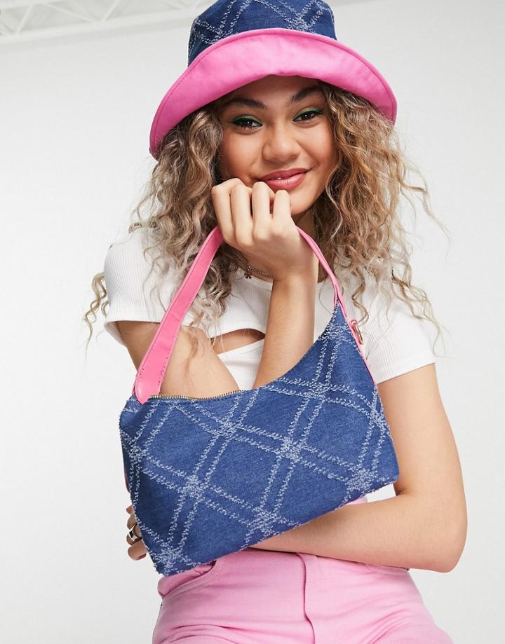 My Accessories London Shoulder Bag In Quilted Denim With Pink Chain - Part Of A Set-blue