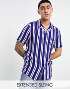 Asos Design Revere Shirt In Blue Retro Stripe-blues