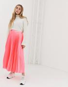 Asos Design Pleated Midi Skirt In Neon Satin-pink