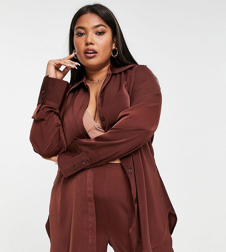 Asos Design Curve Longline Shirt In Chocolate Satin - Part Of A Set-brown