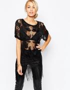 Ax Paris Sheer Lace Top With Tassels - Black