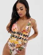River Island Plunge Swimsuit With Belt In Tropical Print-cream