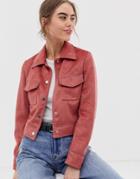 New Look Suedette Utility Trucker Jacket In Dark Pink - Pink