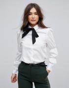 Parisian Shirt With Ruched Sleeve And Contrast Tie Neck - White