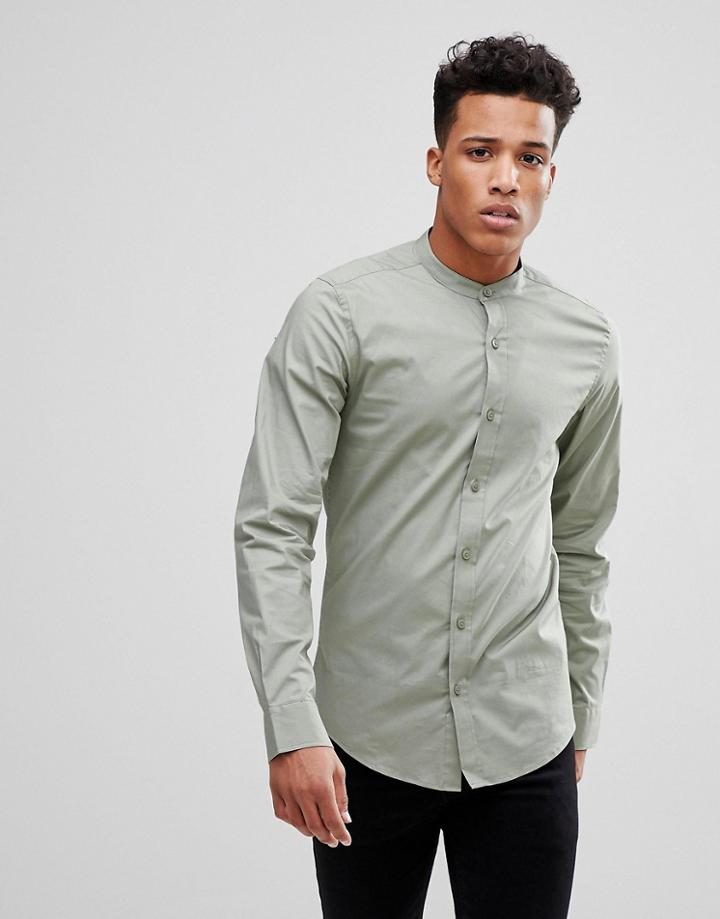 Only & Sons Slim Fit Poplin Shirt With Grandad Collar - Green