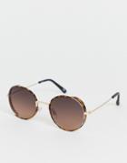 Asos Design Metal Round Sunglasses In Tort With Brown Lens And Side Caps - Brown