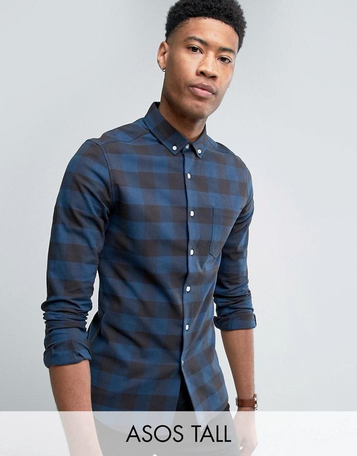 Asos Tall Skinny Buffalo Plaid Shirt In Navy - Navy