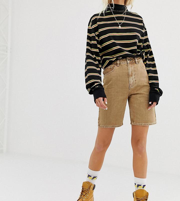 Collusion Long Line Denim Shorts In Sand-beige