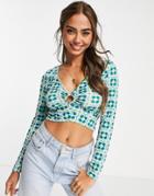 New Look Ring Detail Ruched Long Sleeve Crop Top In Blue Retro Print