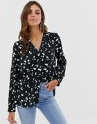 Asos Design Long Sleeve Blouse With Pocket Detail In Splodge Print - Multi