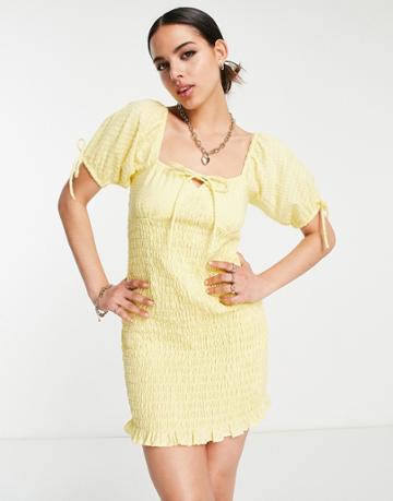 Asos Design Shirred Milk Maid Beach Dress In Yellow Texture