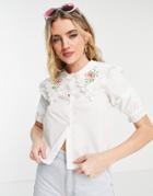 Monki Rosa Blouse With Embroidered Collar In White