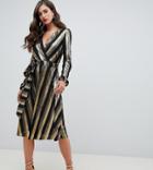 Flounce London Tall Wrap Front Midi Dress In Metallic Stripe - Multi