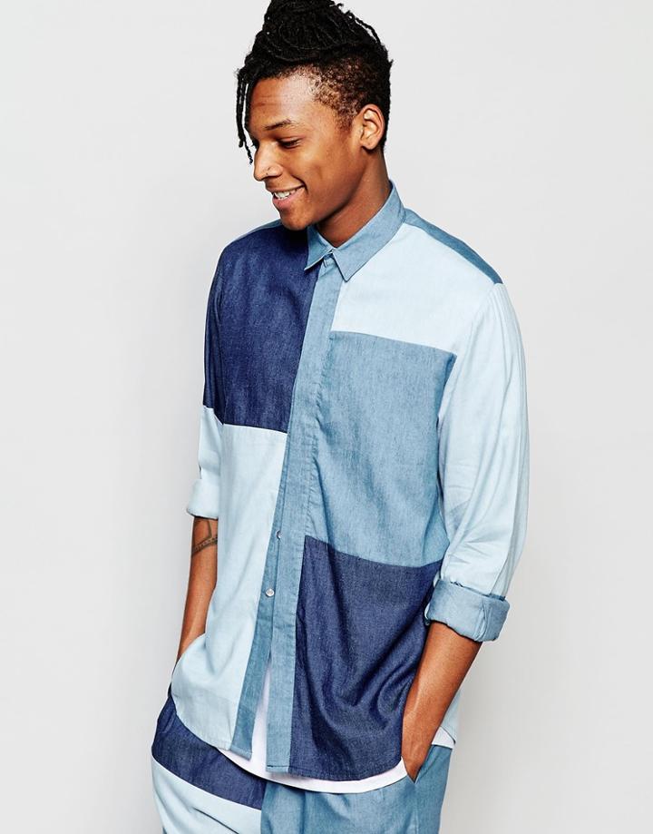The New County Shirt In Patchwork Denim In Regular Fit - Blue