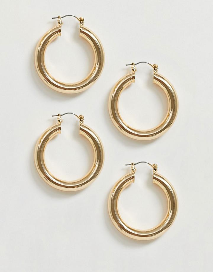 Asos Design Pack Of 2 Tube Hoop Earrings In Gold Tone