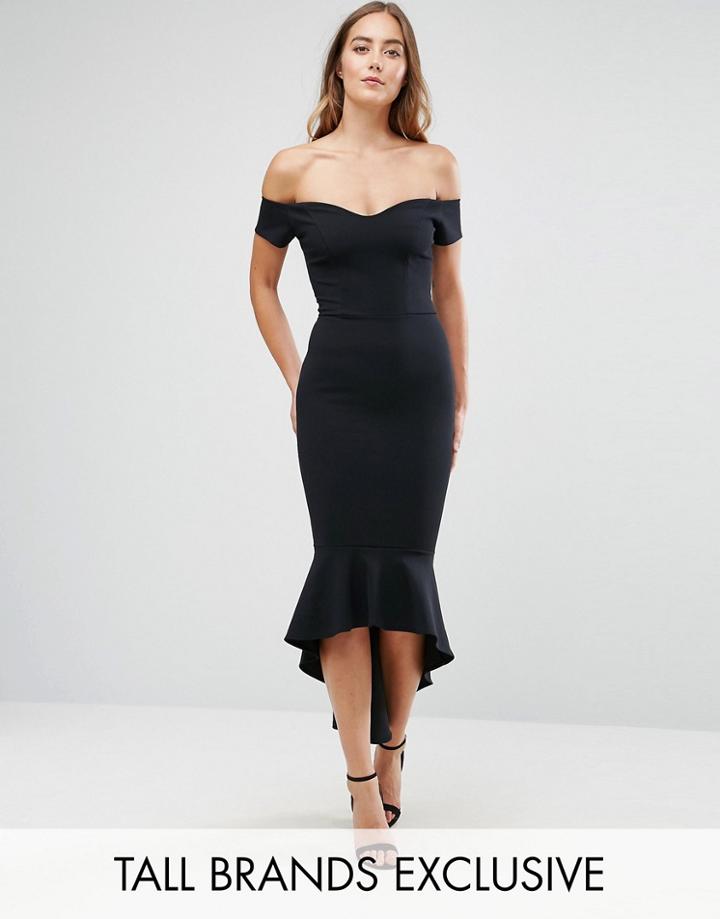 John Zack Tall Off Shoulder Ruffle Midi Dress - Black