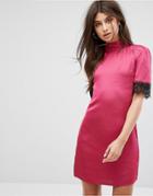 Fashion Union High Neck Fitted Dress With Lace Trim In Satin - Pink