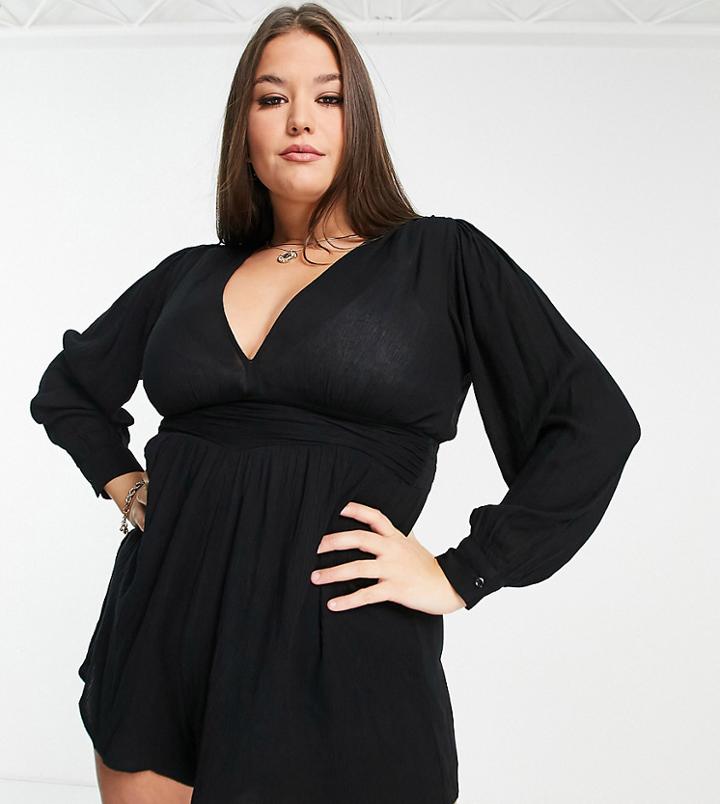Asos Design Curve Long Sleeve Plunge Beach Romper In Black