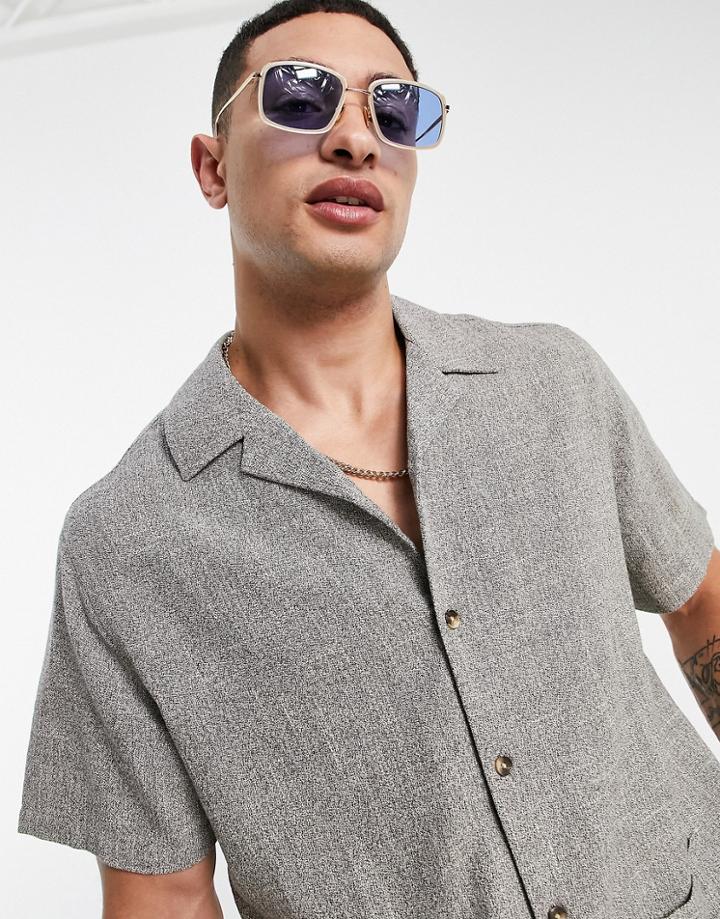 Asos Design Relaxed Textured Shirt With Revere Collar In Gray - Part Of A Set-grey