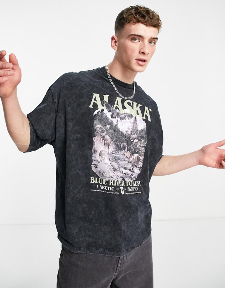 Asos Design Oversized T-shirt In Washed Black With Alaska Front Print
