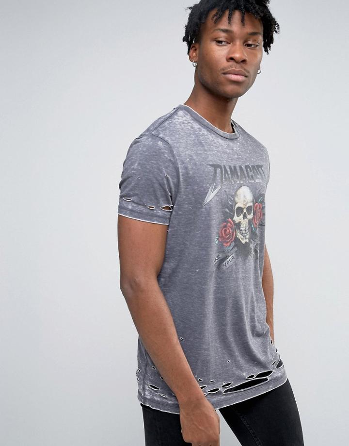 Asos Burnout Longline T-shirt With Distress And Skull Print - Gray