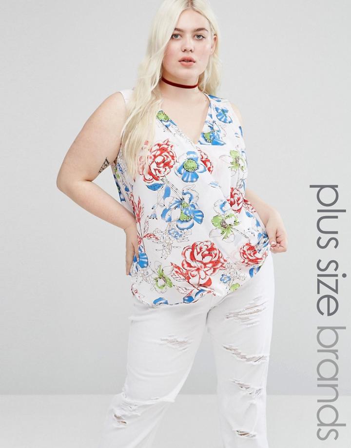 Koko Plus Wrap Front Blouse In Floral Print - White