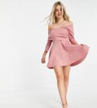 Asos Design Petite Bare Shoulder Mini Skater Dress In Dusty Pink-neutral