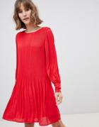Selected Femme Long Sleeve Plisse Smock Mini Dress In Red