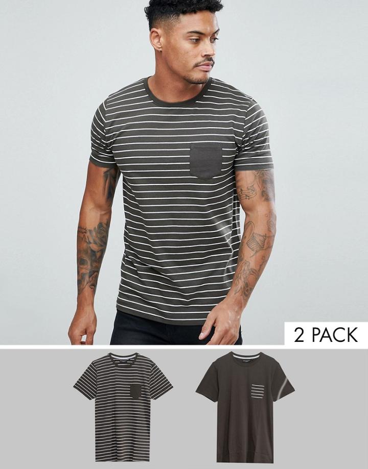 Brave Soul 2 Pack Stripe And Plain T-shirt - Green