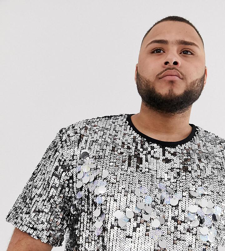 Asos Design Plus Festival Relaxed T-shirt With Silver Sequins - Silver
