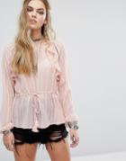 Honey Punch Smock Top With Ruffle Detail And Tassel Tie - Pink