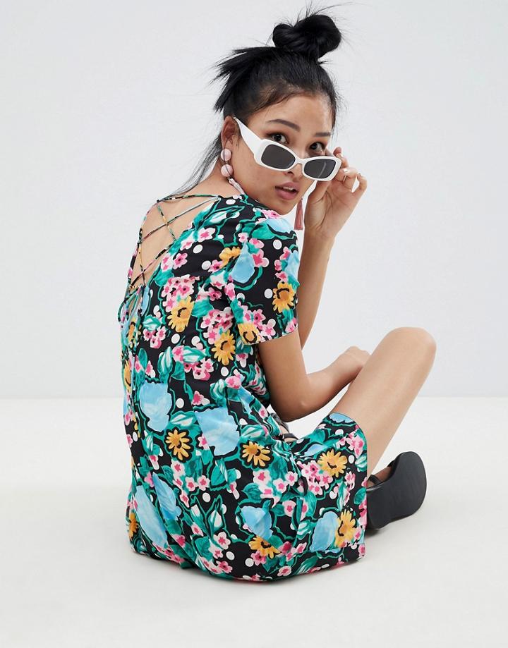 Asos Button Through Tea Mini Dress In Spot And Floral Print-multi