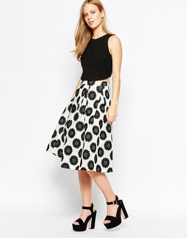 Lost Ink Full Midi Skirt In Textured Mono Print - Mono