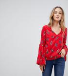 Influence Tall V Neck Flared Sleeve Floral Top - Red