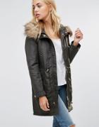 Qed London Drawstring Parka With Faux Fur Hood - Green
