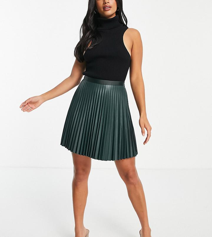 Vila Petite Leather Look Pleated Mini Skirt In Green