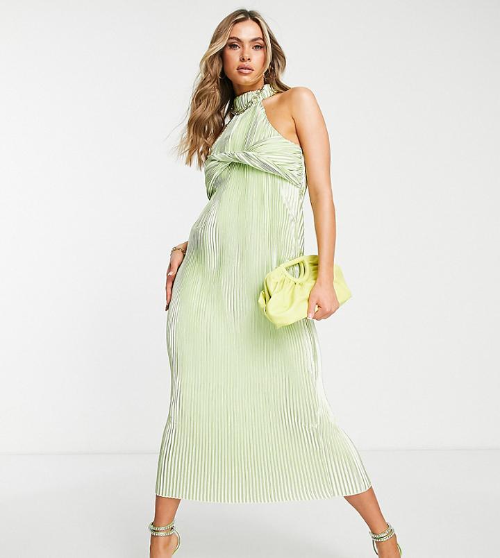 Missguided Plisse Midaxi Dress With Bust Overlay In Light Green