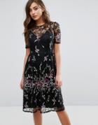 Miss Selfridge Lace Yolk Folk Embroidered Midi Dress - Black