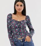 Fashion Union Tall Square Neck Blouse With Tie Front In Floral Print-multi