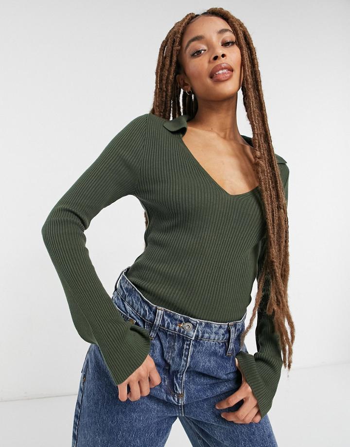 Asos Design Ribbed Sweater With Open Collar Detail In Green