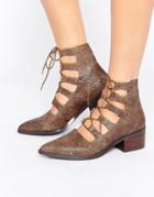 Eeight Winter Cut Out Lace Up Heeled Ankle Boots - Tan