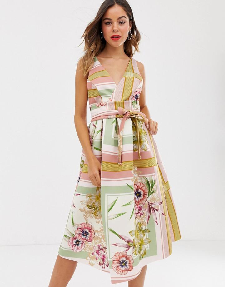 Asos Design Floral Check Prom Midi Dress-multi
