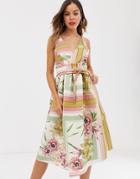 Asos Design Floral Check Prom Midi Dress-multi